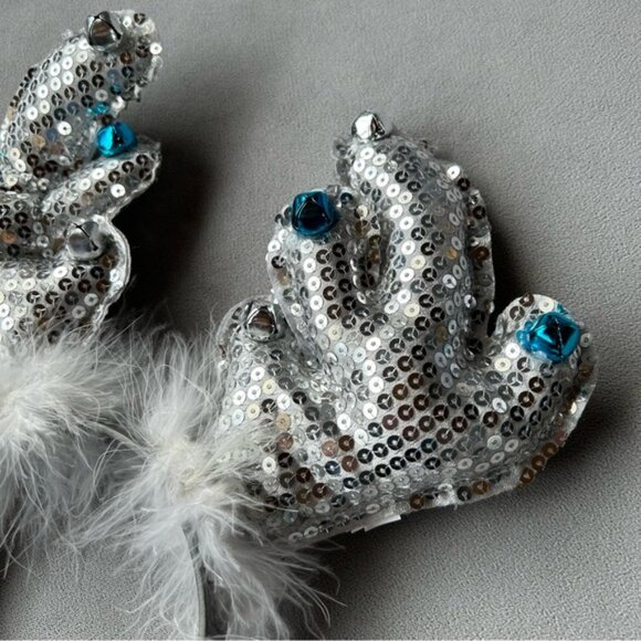 Reindeer Antler Headband ~ Silver with Blue ~ Jingle Bells - Picture 2 of 4